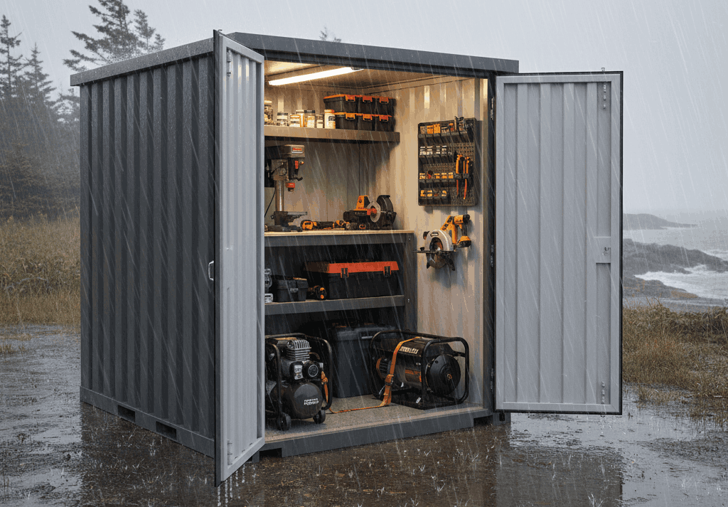 Steel outdoor storage protecting tools from rain snow and coastal weather in Atlantic Canada.