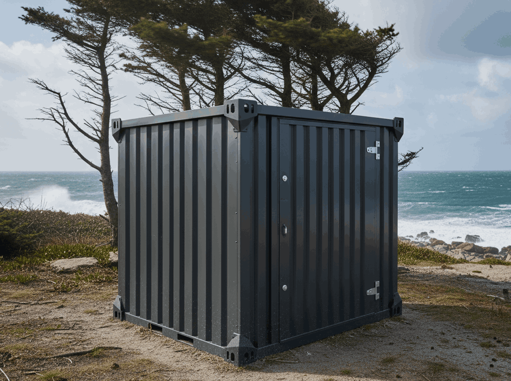 Weather-resistant steel outdoor utility shed designed for wind snow and coastal moisture in Atlantic Canada.
