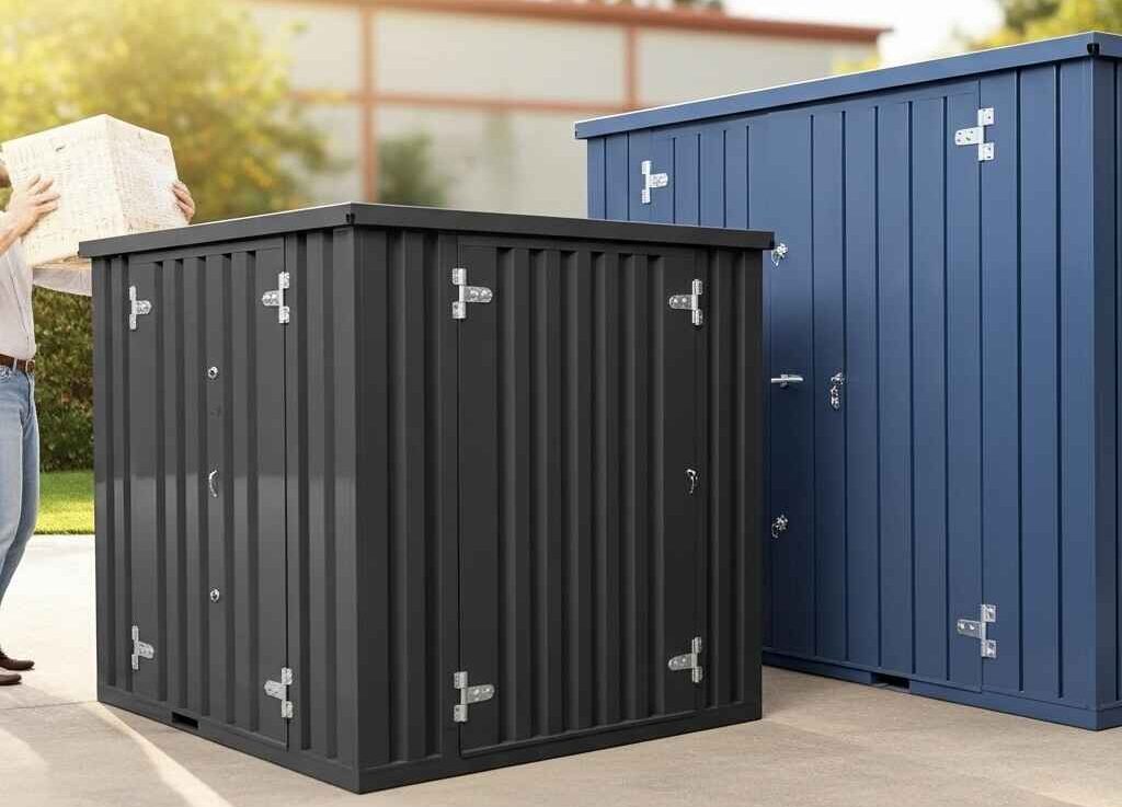 Portable moving storage container providing convenient alternative to self-storage and pod-style solutions.
