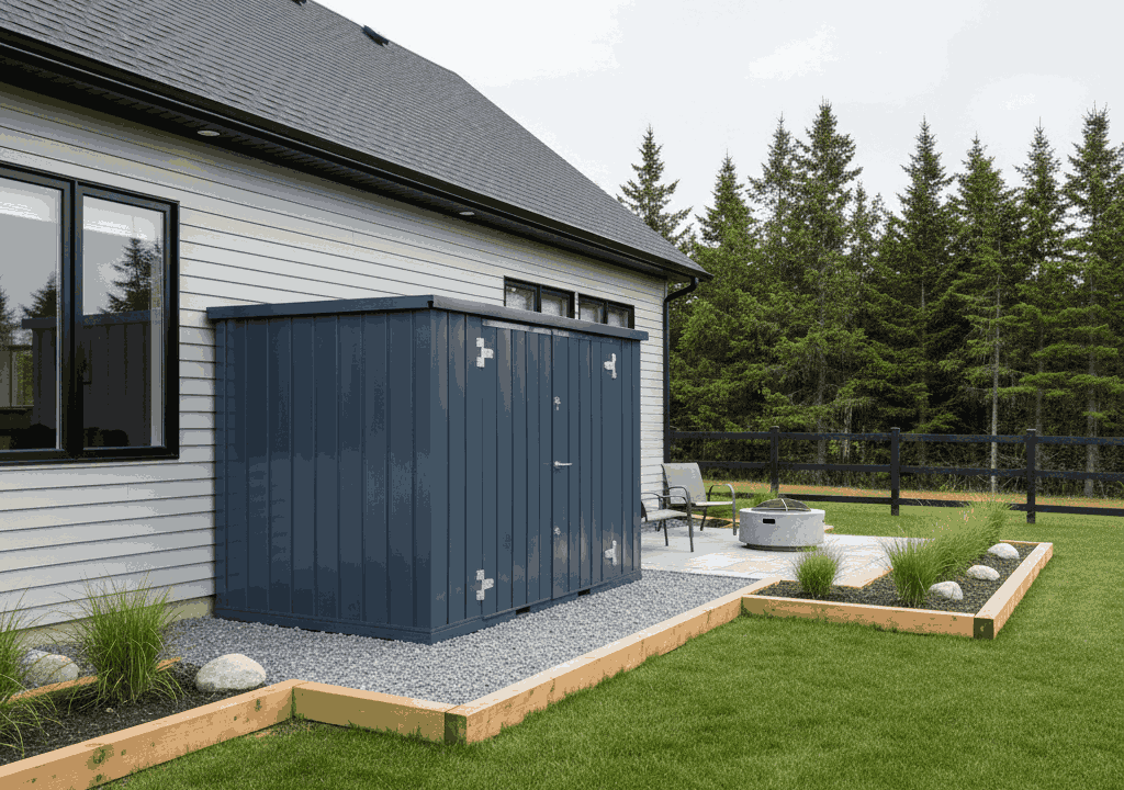 Steel backyard storage container as alternative to traditional garden sheds in Atlantic Canada residential backyard.
