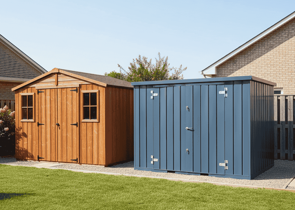 Steel backyard storage unit compared with traditional wooden garden shed alternative.