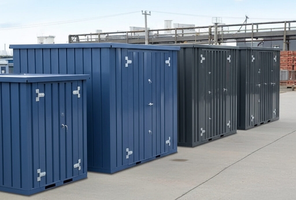 Different size weatherproof outdoor storage containers showing clear sizing options.
