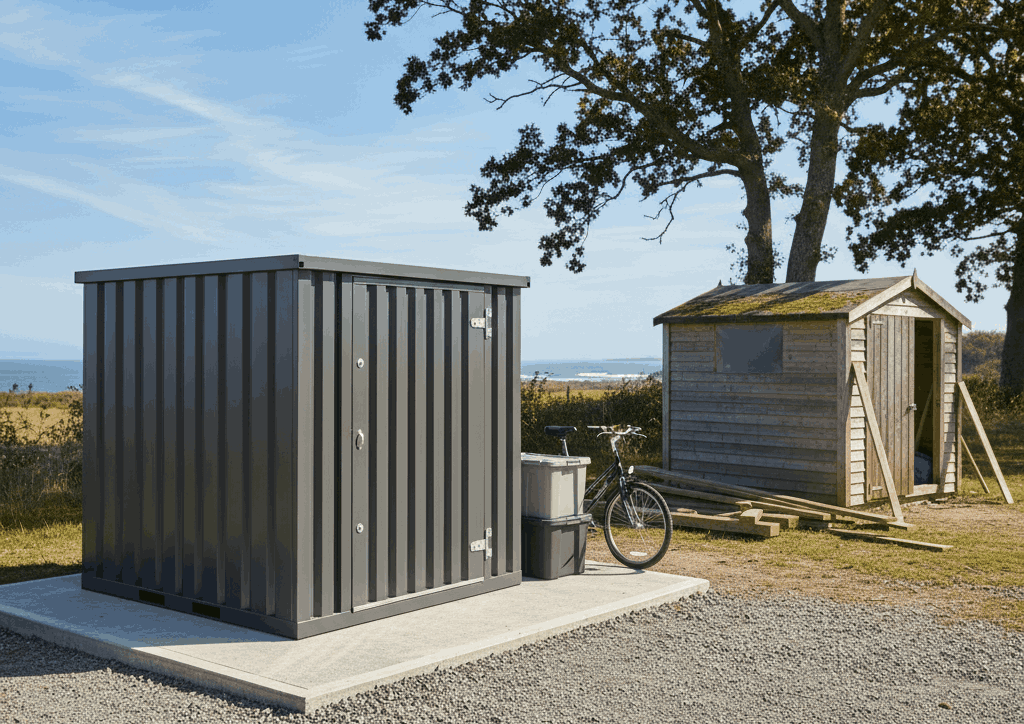 Steel outdoor storage container as modern alternative to traditional backyard sheds.