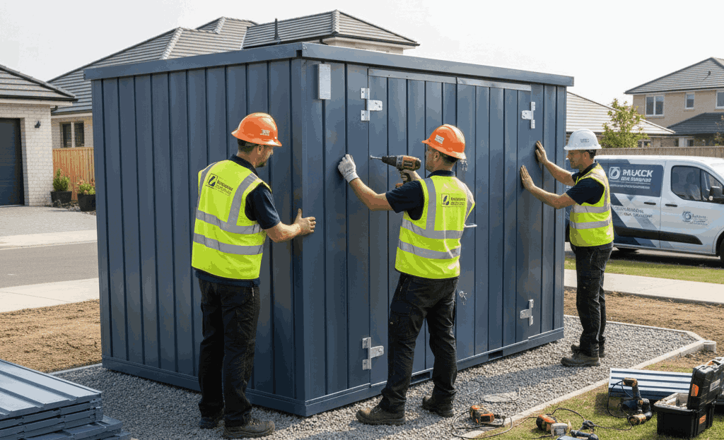 On-site assembly of flat-pack moving storage container at homeowner property in New Brunswick.