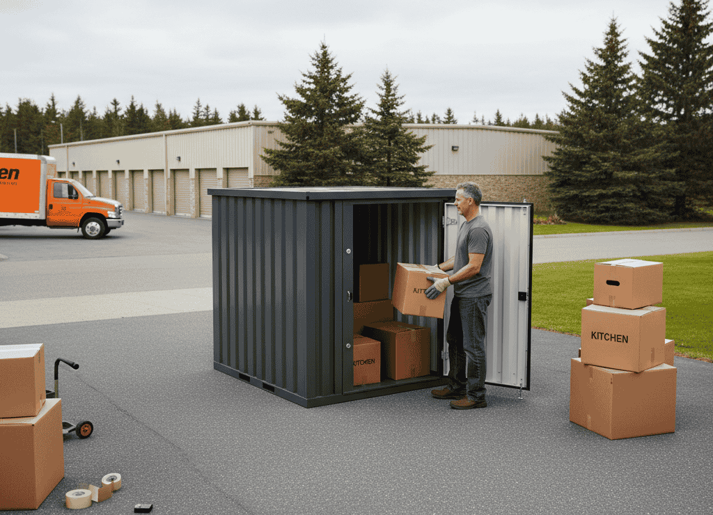 Side-opening moving storage container on residential driveway allowing flexible loading timeline during move in Atlantic Canada.
