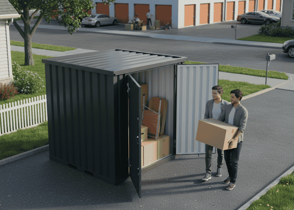 Side-opening moving storage container on residential driveway allowing flexible loading timeline during move in Atlantic Canada.