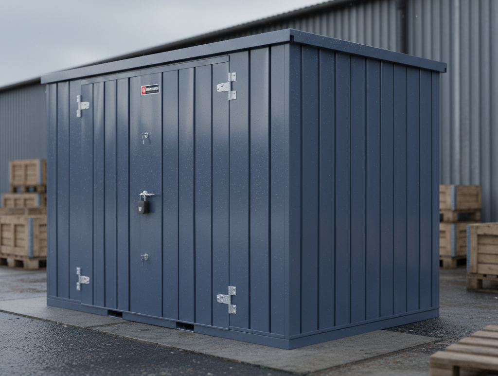 Secure steel storage container with lockable doors designed for safe storage in Atlantic Canada.