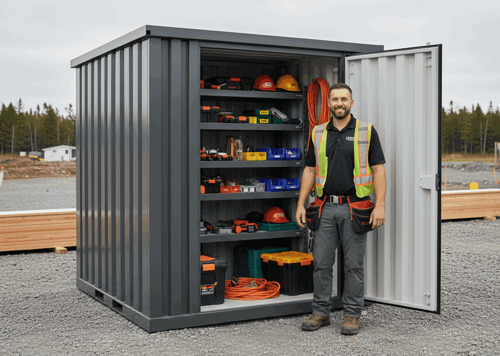 Contractor using secure steel storage container on job site in New Brunswick.
