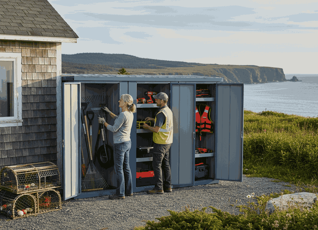 Modern steel backyard storage unit creating clean organized outdoor space.